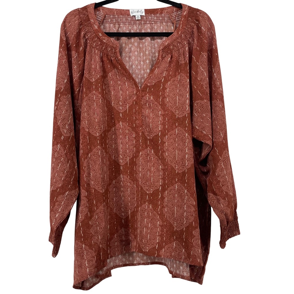 Wonderly Size 2X Blouse Rust Orange Paisley Smocked Split Neck Long Sleeve Women